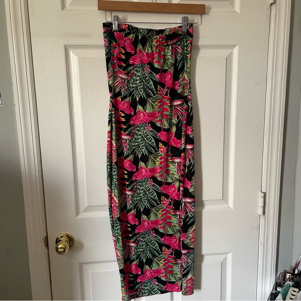 Love Nation Black Midi Dress with Hot Pink Floral & Green Leaves